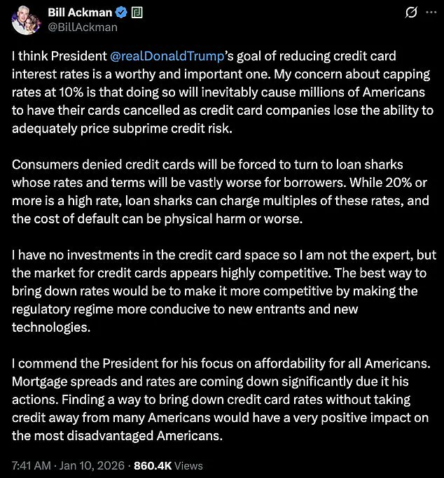 Late-Breaking: Bill Ackman Warns Trump's Credit Cap Proposal Could Cut Off Credit for Millions