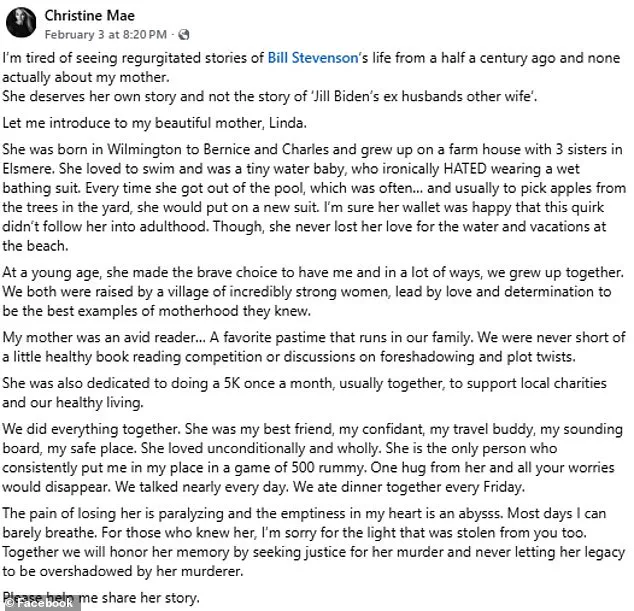 Linda Stevenson's Daughter Demands Justice as Ex-Husband of Jill Biden Faces Murder Charges