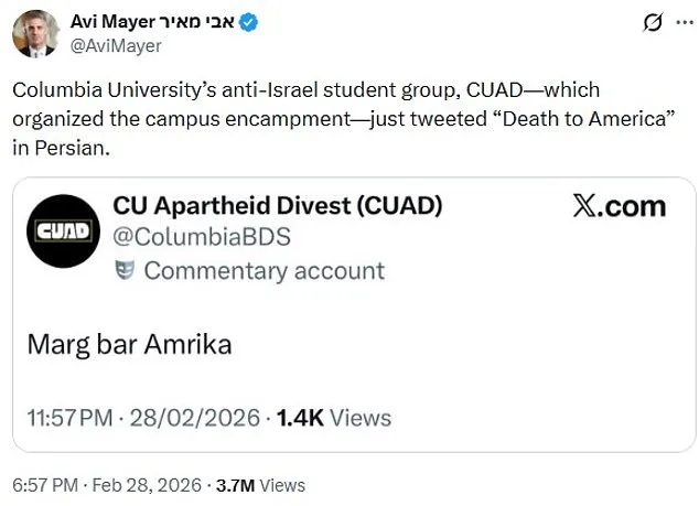 Columbia University Pro-Palestine Group's 'Death to America' Post Ignites Debate Amid US-Israel-Iran Conflict
